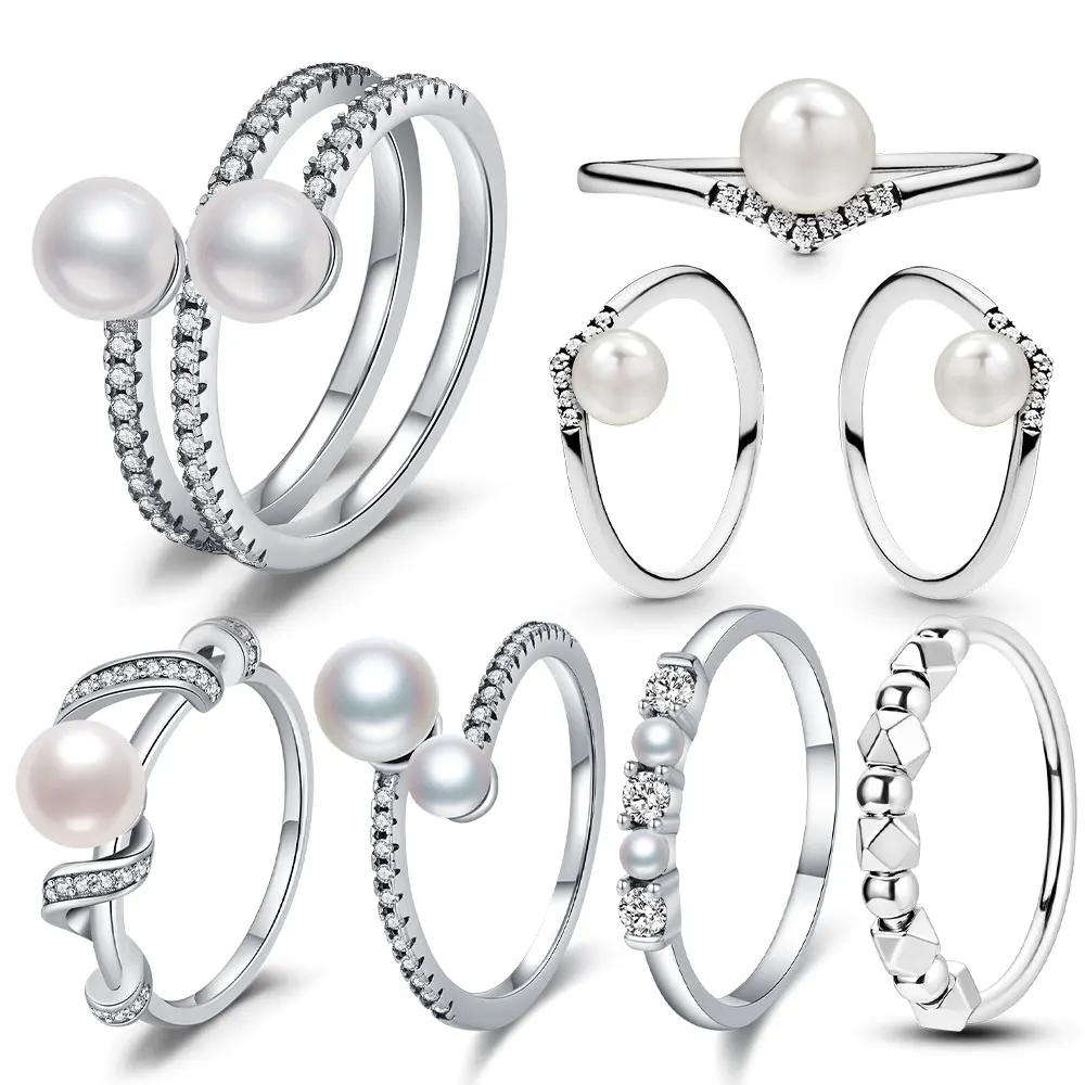 خاتم فضة استرليني 925 لؤلؤ و Pavé خاتم مزدوج الفرقة للنساء خواتم الزفاف غرامة ريترو ستايل مجوهرات اكسسوارات هدية حفلة