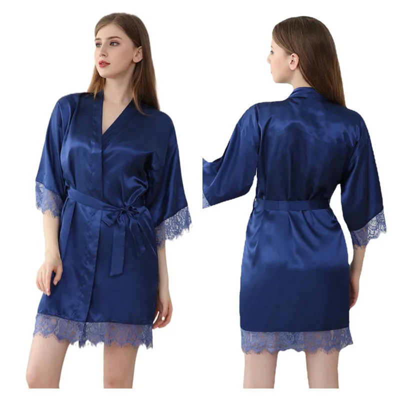 

Women's seven-quarter sleeve sexy lace lace solid color home bathrobe Bathrobe Summer ladies imitation silk cardigan wedding gow