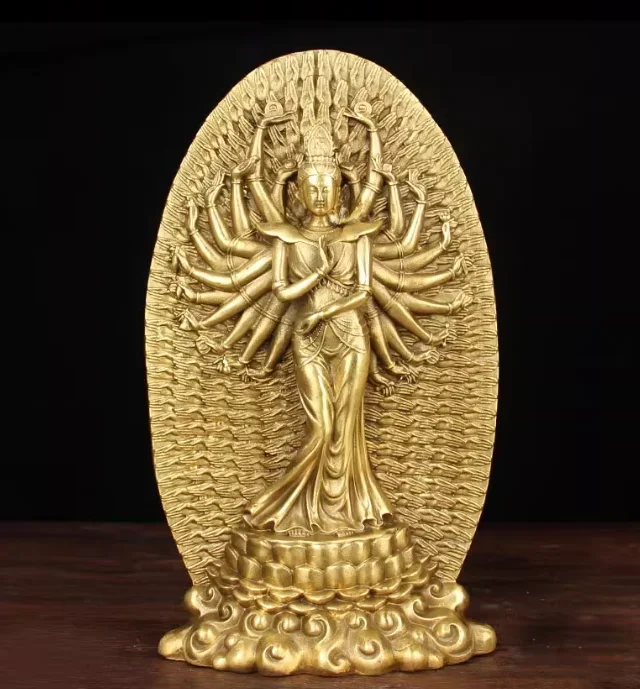 27cm Chinese Pure Brass Thousand Hand Guanyin Crafts Statue
