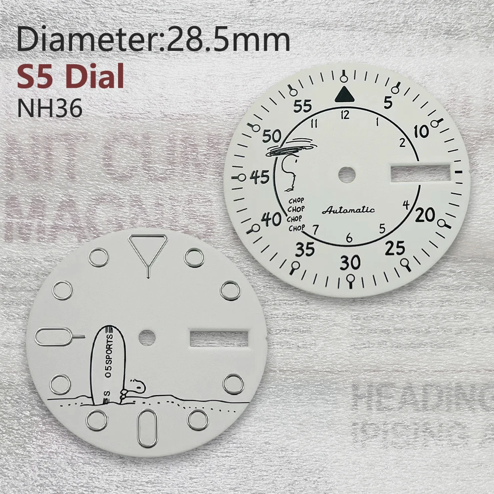 28.5mm S5 Logo Cartoon Dog Dial Fit NH35/NH36/4R/7S Japan Automatic Movement GreenLuminous Watch Modification Accessories