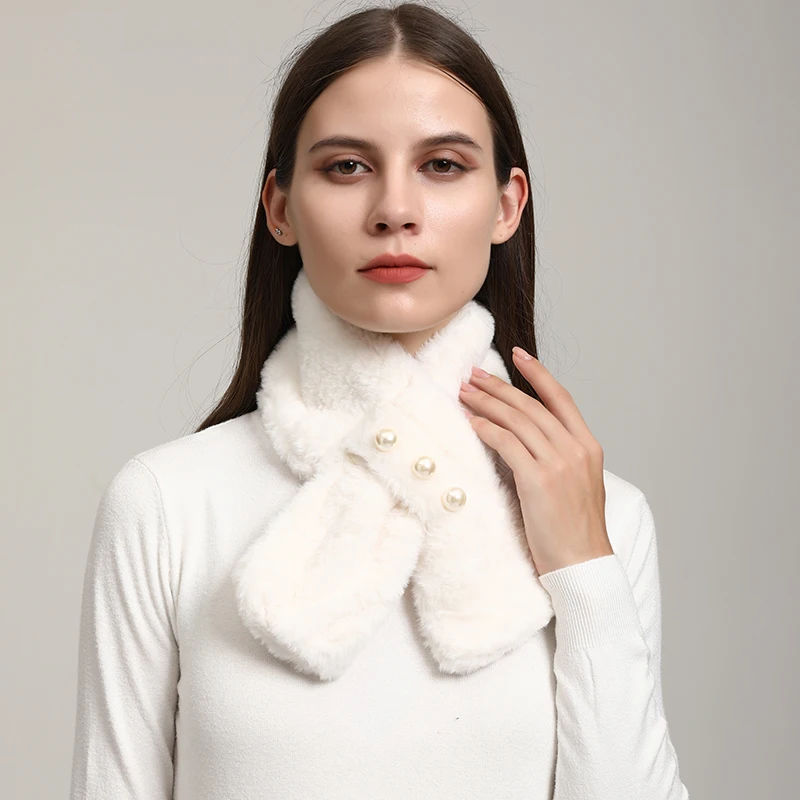 Elegant Imitation Rabbit Fur Neckerchief For Women Winter Warm Scarf Plain Color Neckscarf With Pearl Soft Neck Guard Scarf