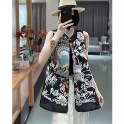 White  Vest for women Spring Autumn 2024 New  Heavy Industry Embroidery Tang Suit With Button up vest top Jacket Women Top Black