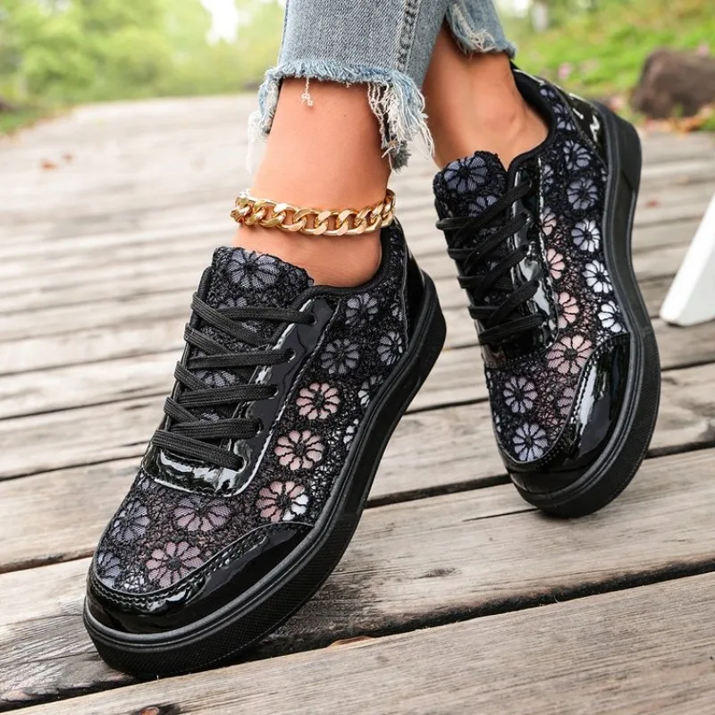 2025Summer Hollow  Flower Design Mesh Casual  For  Sports Shoes Comfy Breathable Women's Skateboard Shoes