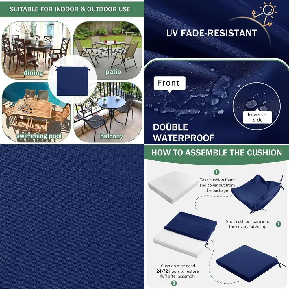 

Набор из 6 подушек для уличных стульев, водонепроницаемые и устойчивые к выцветанию, темно-синие, 19 x 19 x 2 дюйма, с завязками и застежкой-молнией.