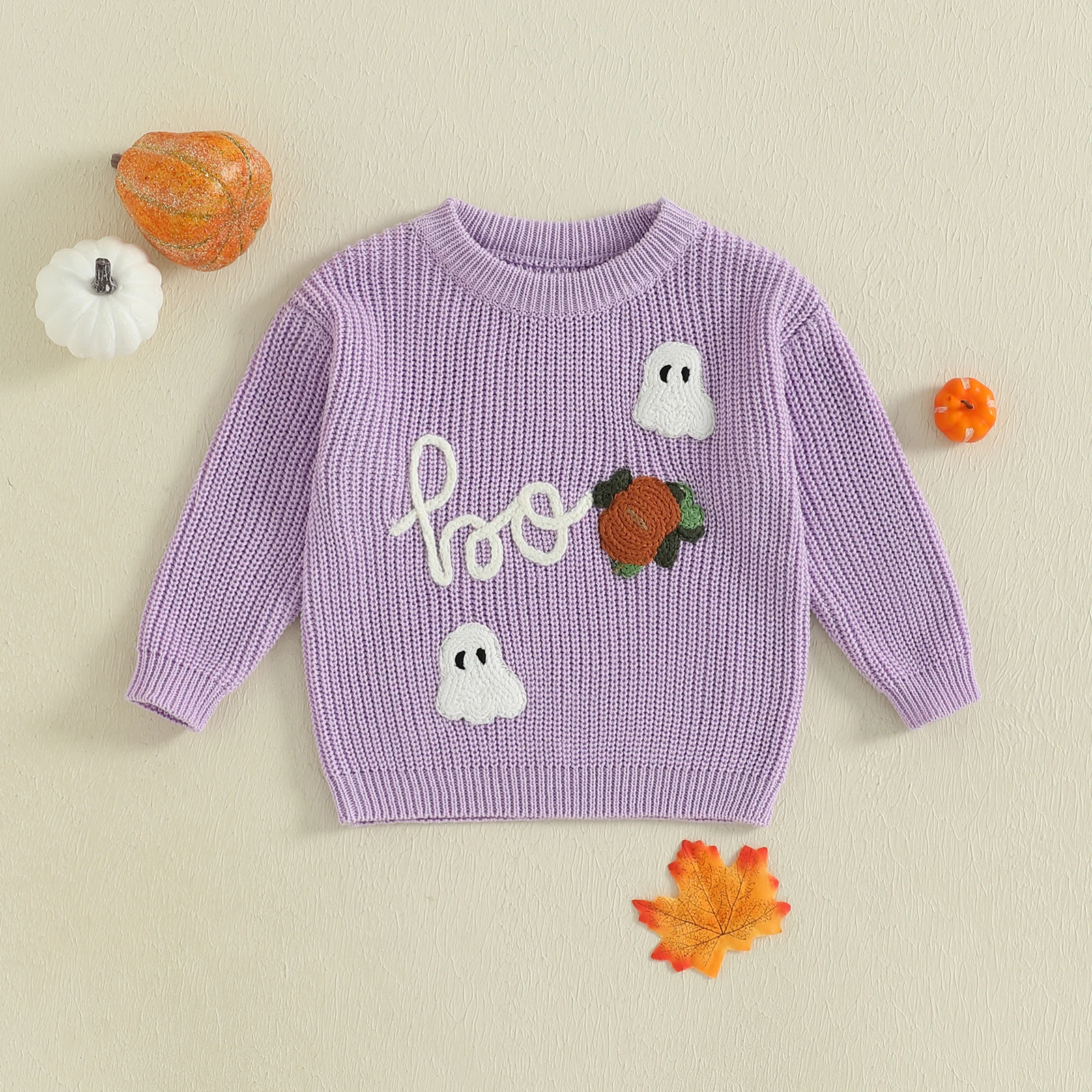 

VISgogo Baby Halloween Sweater Long Sleeve Crew Neck Ghost Letters Winter Knit Pullover Sweater Infant Clothes for Girls Boys