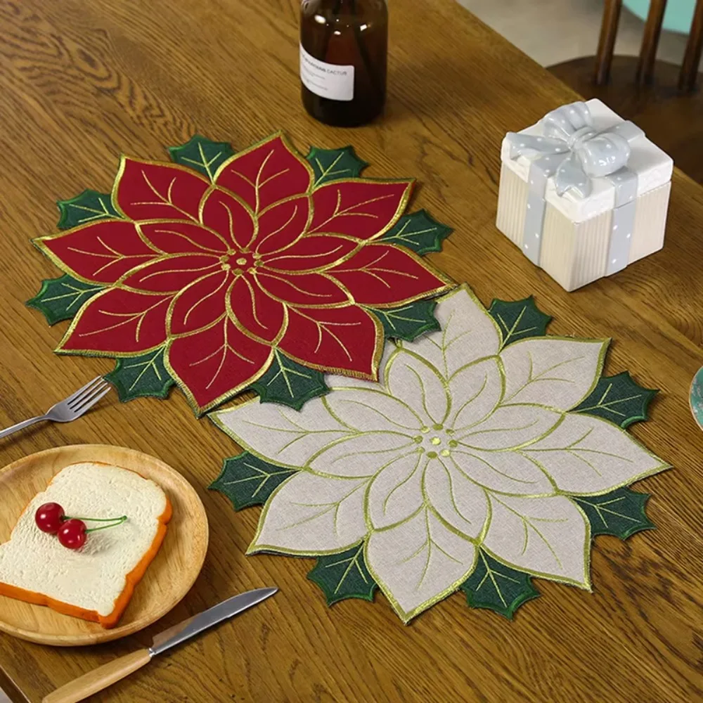 

4pcs Embroidery Poinsettia Placemat with Sponge Anti-scalding Holly Leaf Insulation Pad Thickened Table Runner Family Dinner