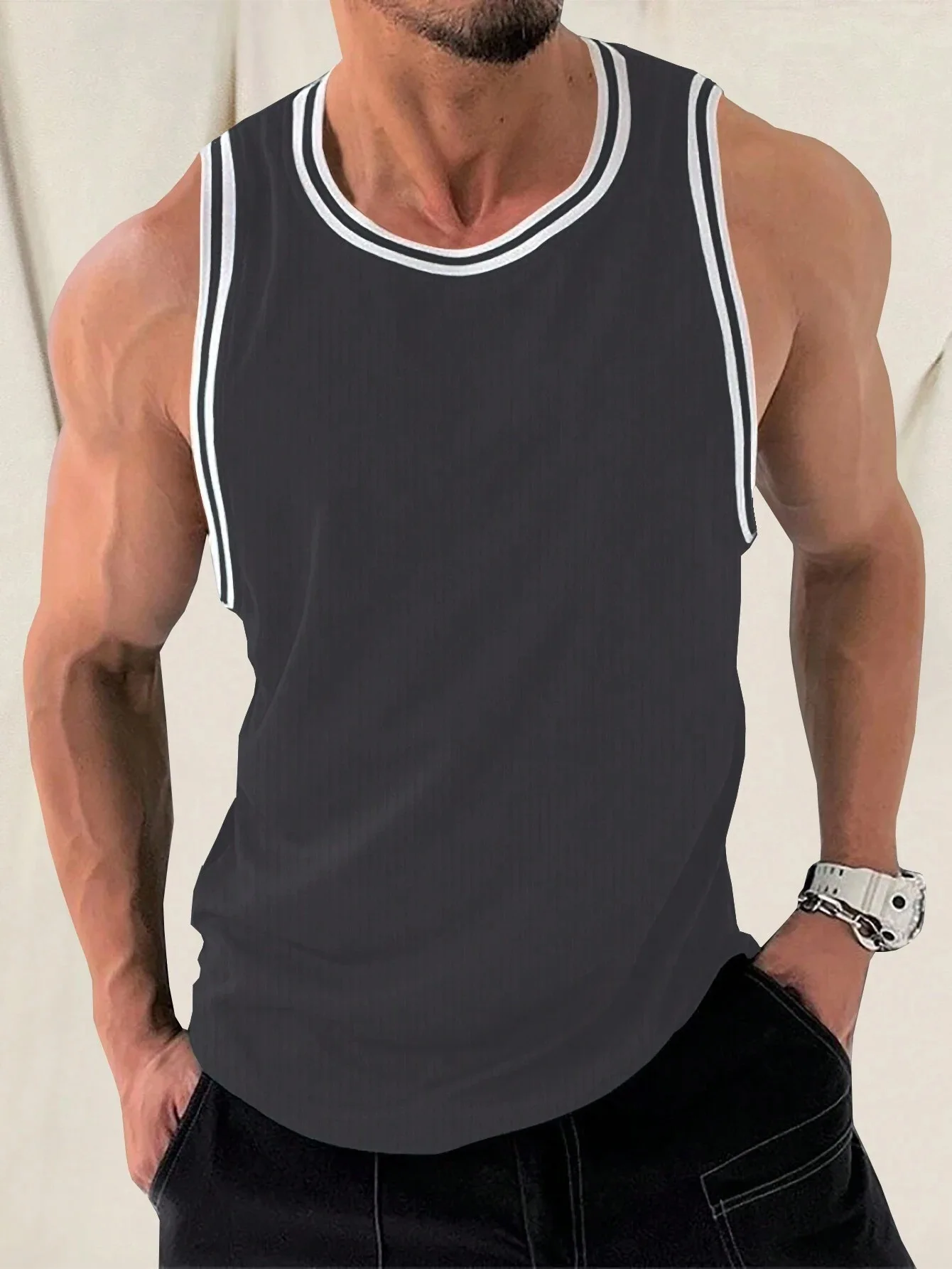 Men\'s Sports Tank Top Men\'s Daily Gym Sports Sleeveless Round Neck T-shirt Sweatshirt Knitted Vertical Stripe Racerback Tank Top