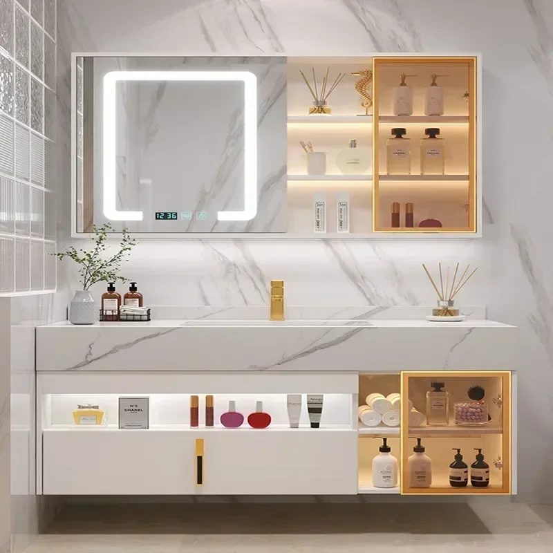 

New Light Luxury Shelf Bathroom Cabinet Intelligent Induction Double Washbasin Full Sets Solid Wood Furniture Bathroom Cabinet