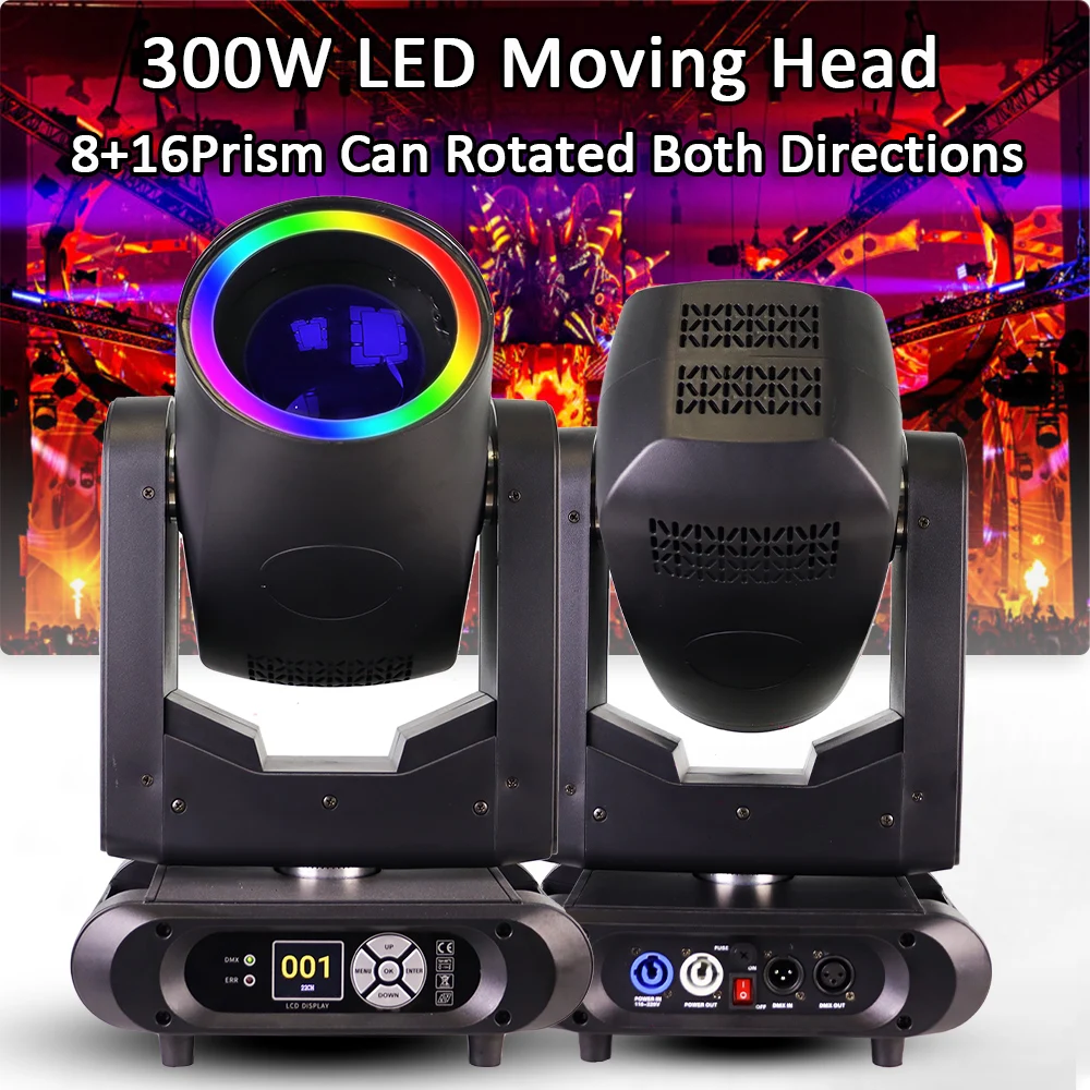 

LED 300W Beam Moving Head Lighting 8+16Prism Rotated Both Directions DMX Frost/ Rainbow Effect for DJ Disco Wedding Concert