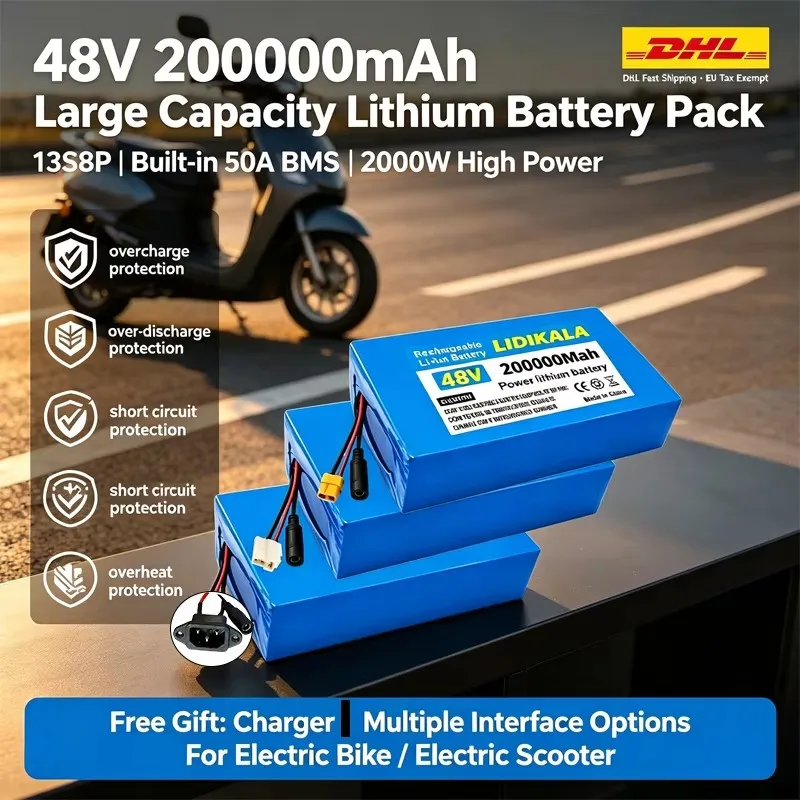 Original Power-Batterie 48V 200ah 13s8p Lithium-Batteriepack 48V 200000mAh 2000W Citycoco Elektroroller-Batterie mit integriertem 50A BMS