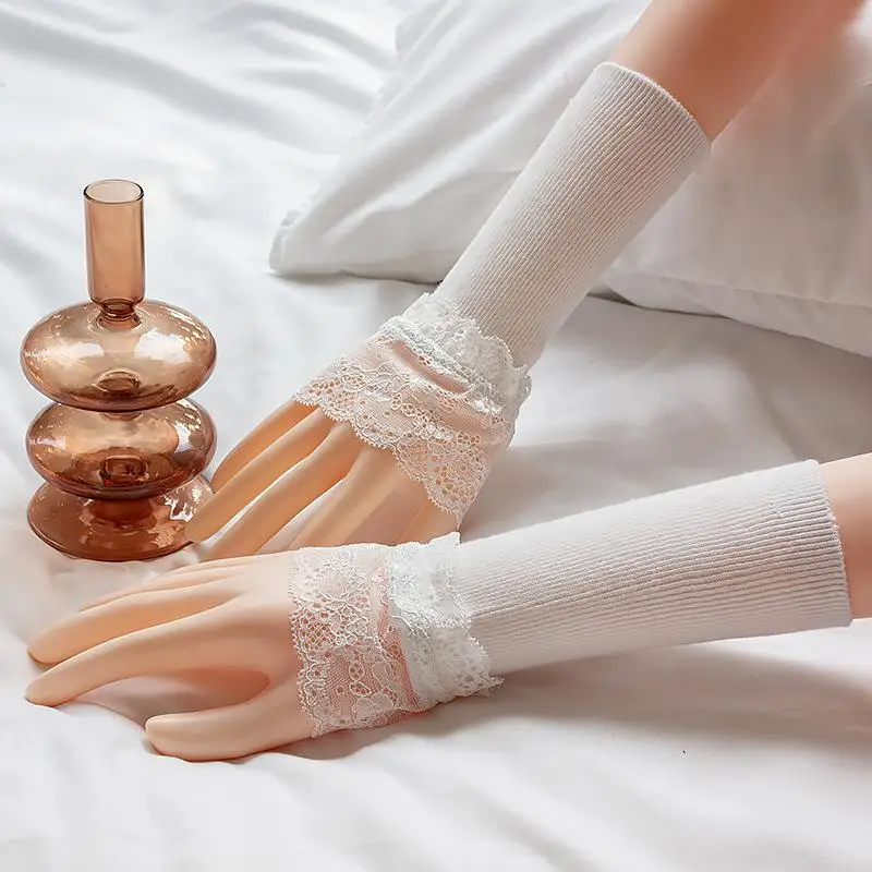 

Winter Detachable Cuffs Knitted Lace Flower Flared Arm Sleeves Warm Knitting Ruched False Cuffs Sweater Blouse Wrist Warmers