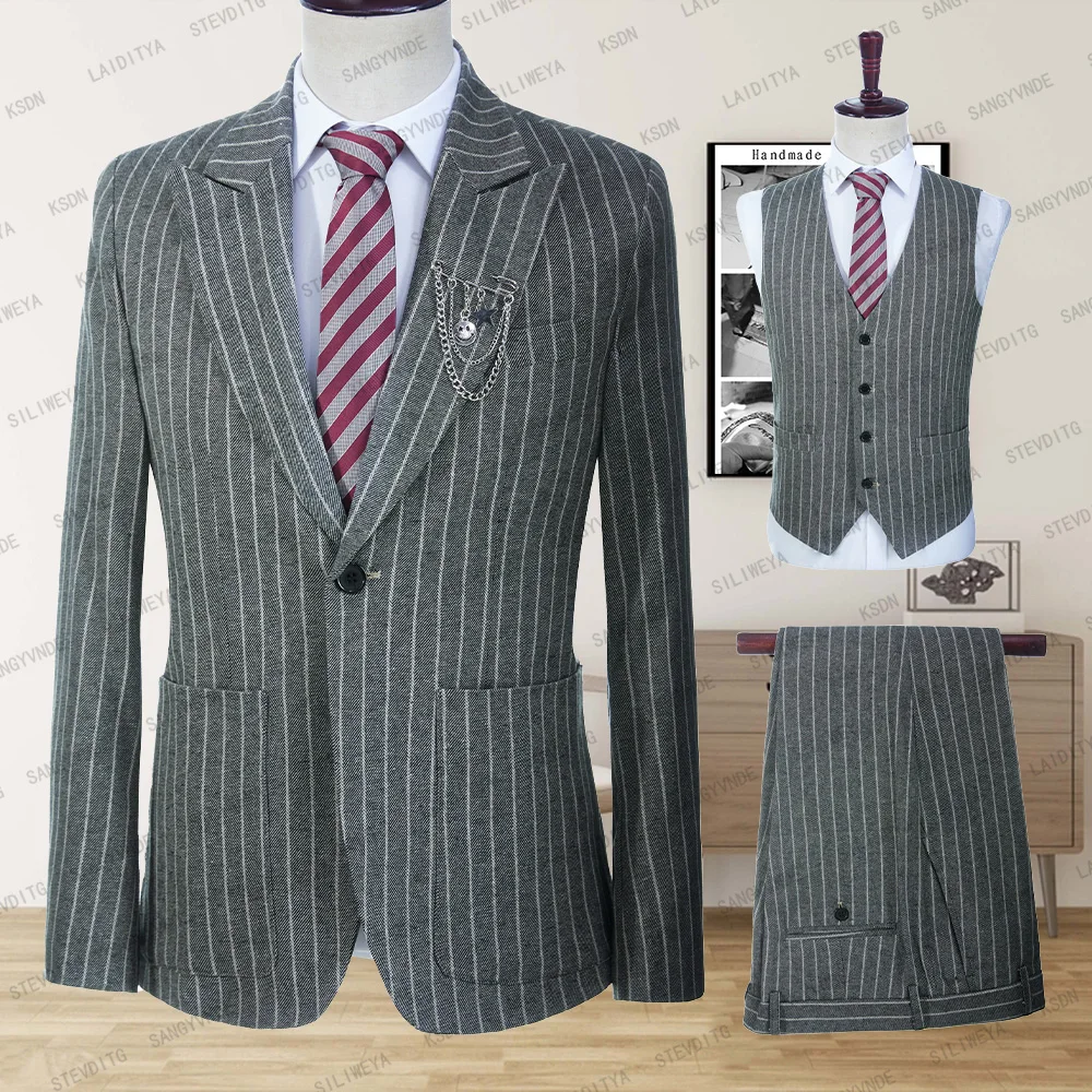 2023New Arrival Slim Fit Grey Stripe Linen Business Suits for Men Notched Lapel Groom Tuxedo Wedding 3 Piece Formal Male Fashion