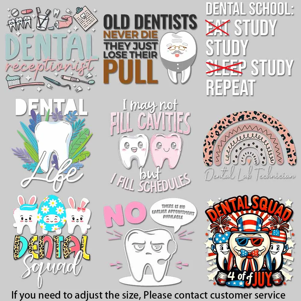 Colorful Cartoon Dental Transfer Decals with Fun Quotes & Designs for Dentists & Humor Lovers DIY T-Shirt Accessories
