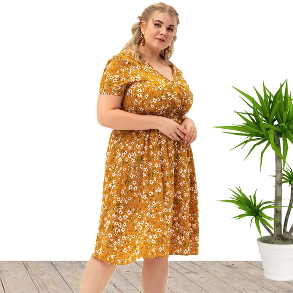 Plus Size New Arrival bestseller dekolt w szpic z krótkim rękawem Forlal nadruk letnie swobodne sukienki dla dużych kobiet