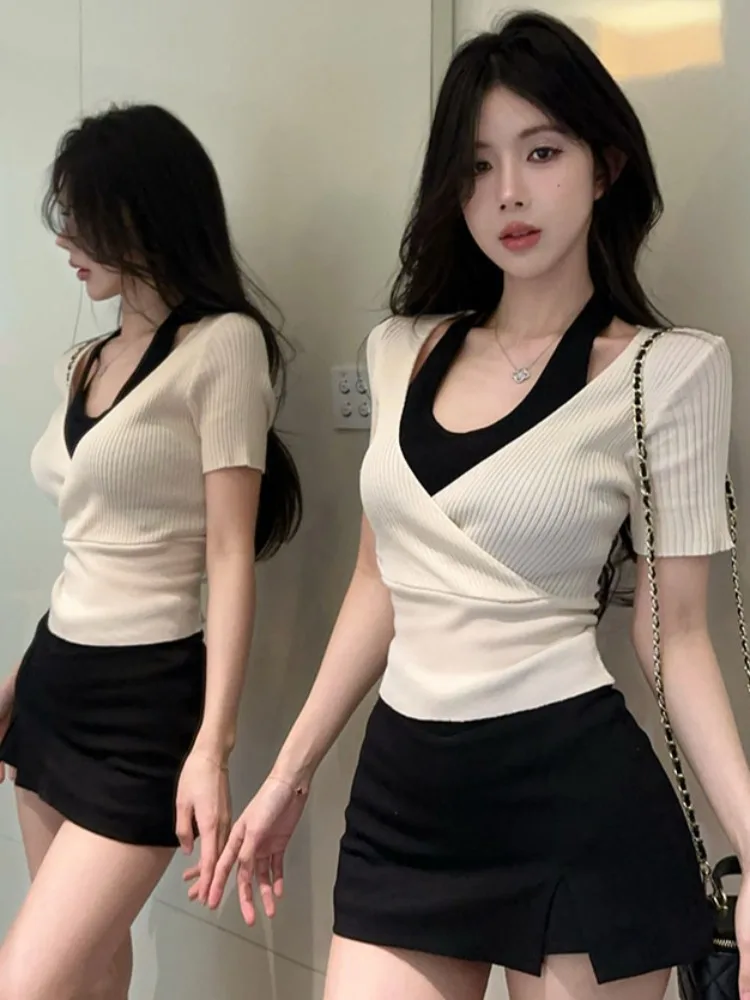 Korean Style Short Sleeve Knitted T-Shirt Women's Summer Slimming V-Neck Fake Two-Piece Cotton Polyester Blend Citywalk Top