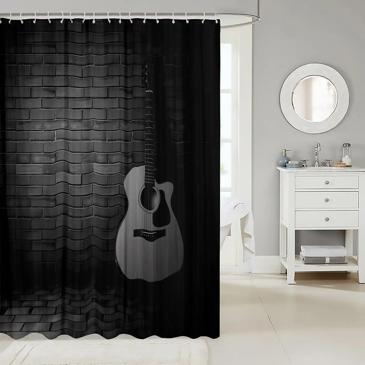 Musical Guitar Shower Curtain, Rock Music Instrument Print, Waterproof Fabric, Artistic Bathroom Decor for Kids Teens with Hooks