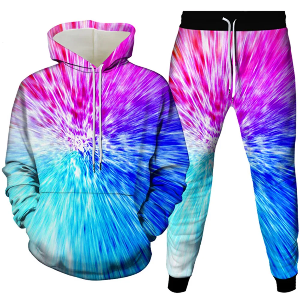 Women New Fashion Plus Size Two Pieces Sets Colorful Vortex Paint Galaxy Printing Hoodies Jogger Pants Men Tracksuit Outfit Sui