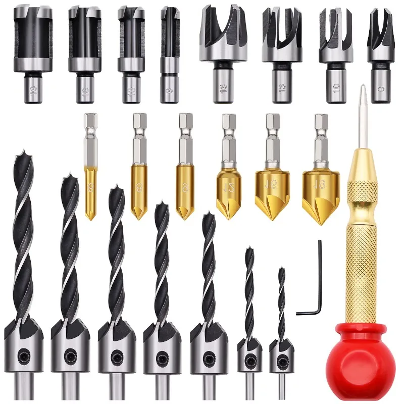 23 Pcs Woodworking Chamfer Drilling Tool Set,  Includes Wood Plug Cutters, Countersink Drill Bits, L-Wrench, and Center Punch
