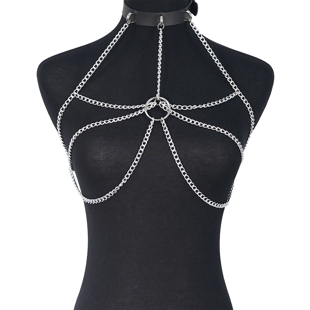 Punk Gothic Black PU Adjustable Chain Corset Chest Waist Harness For Women Street Decor For Rave Festival Club Cosplay Halloween
