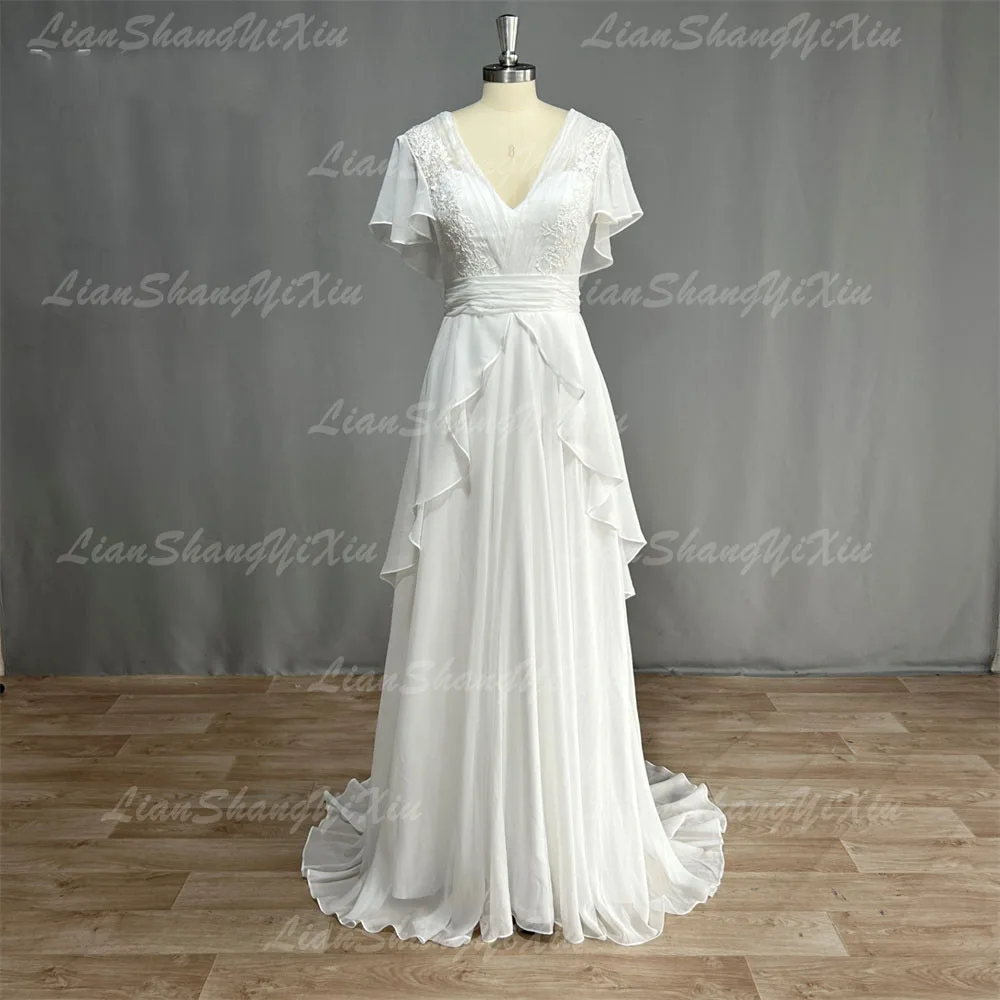 Customized Boho V-Neck Wedding Dresses Chiffon A Line Short Sleeves Backless Floor Length Ruffles Beach Bridal Gowns Bohemian