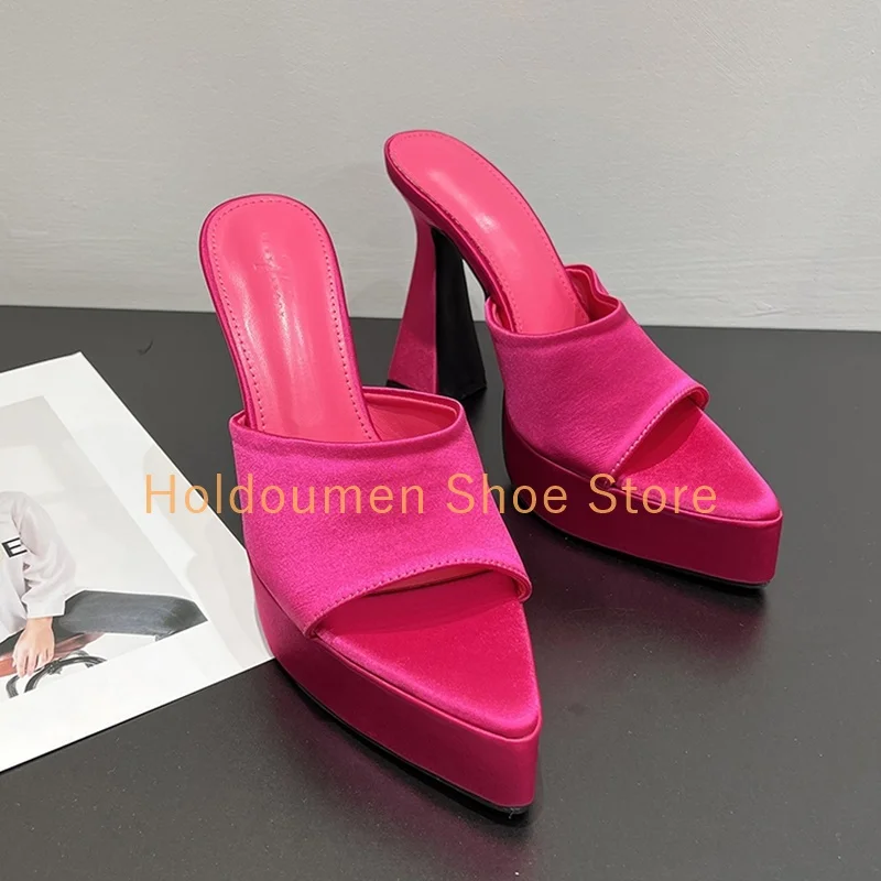 الساتان أشار تو منصة عالية النعال النسائية كعب مكتنز الانزلاق على الصيف عطلة نمط النعال سيدة الموضة المنصة الأحذية #2