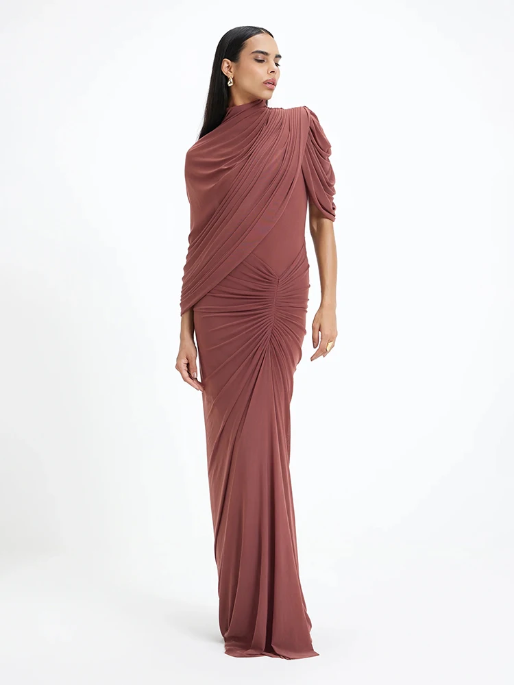 Art Dinner Chic Rust Turtleneck Wrap-Ruched Dating & Casual Luxury Vibe Evening Gown Fashion Maxi Dress