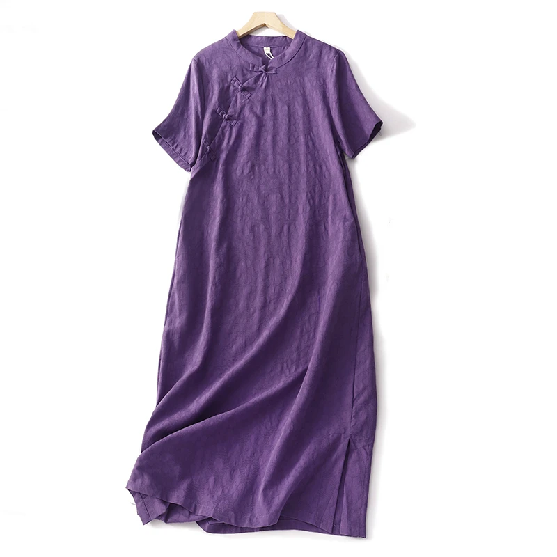 Robe longue décontractée en coton pour femmes, manches courtes, couleur unie, Vintage, Style chinois, vêtements élégants, été, 2023