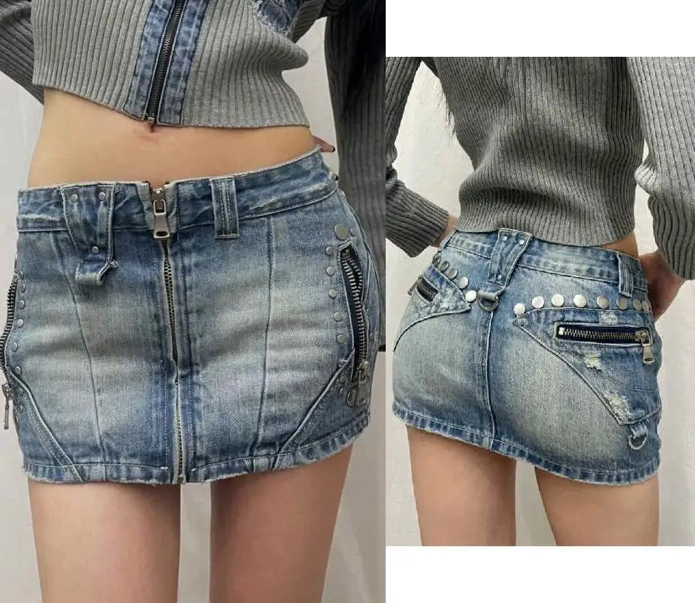 

Zipper Riveted Decoration Denim Skirt Female Slim Fit A-line Tight Buttocks Sexy Jean Skirt