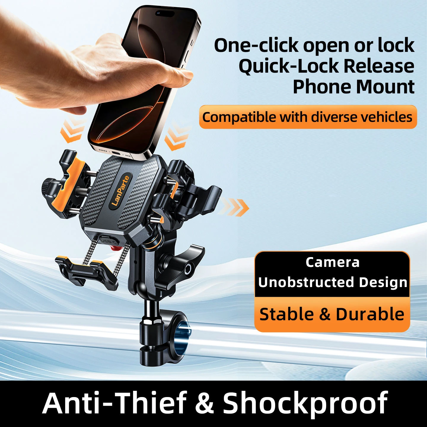 

Motorcycle Phone Holder Anti Theft Shockproof Bike Phone Mount 360° Rotation Handlebar Holder for 5.4-7.2 inch Phones
