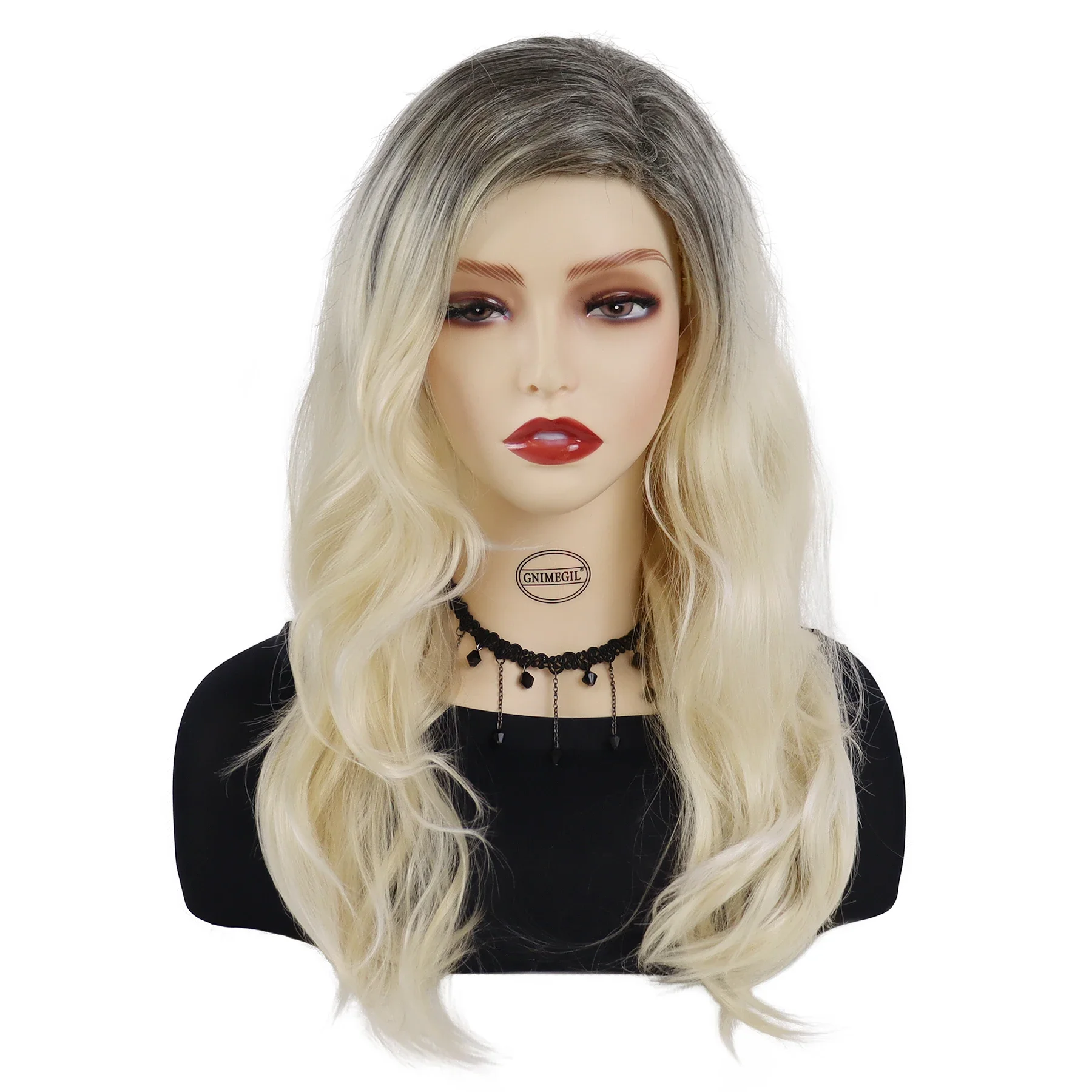 Ombre Blonde Wigs Synthetic Dark Root Long Wavy Curly Wigs with Bangs for Women Elegant Lady Daily Costume Party Heat Resistant