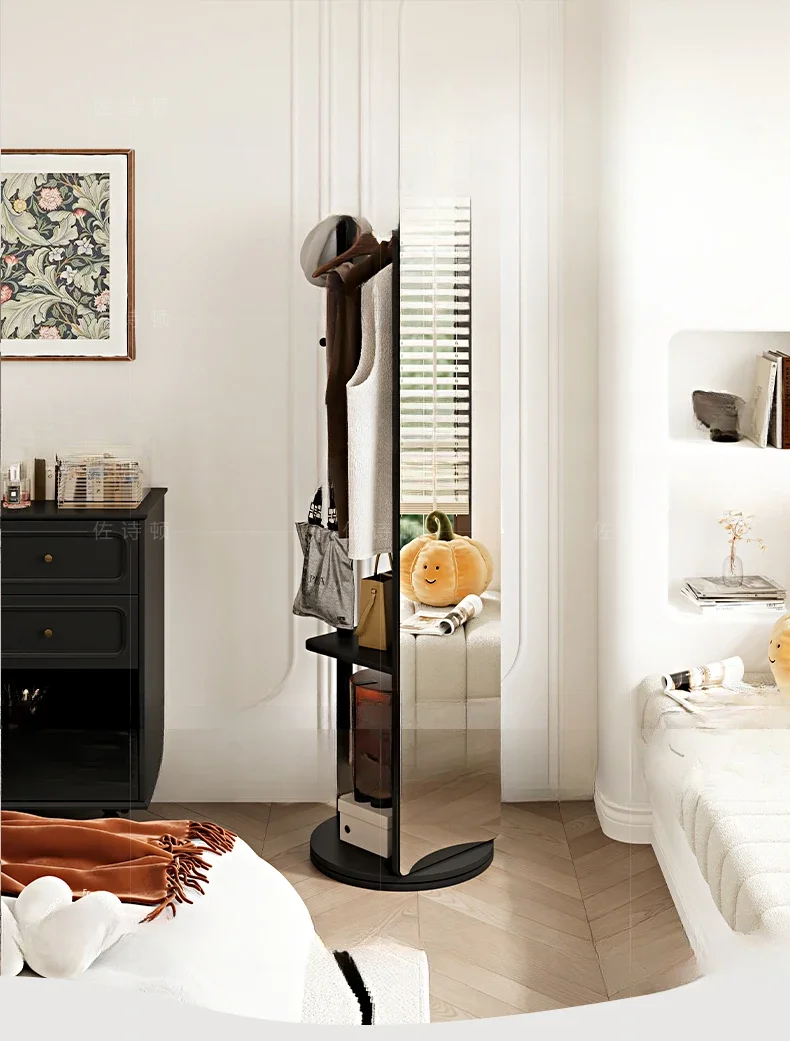 French retro dressing mirror, full body floor mirror, movable household all solid wood vertical storage rack, integrated