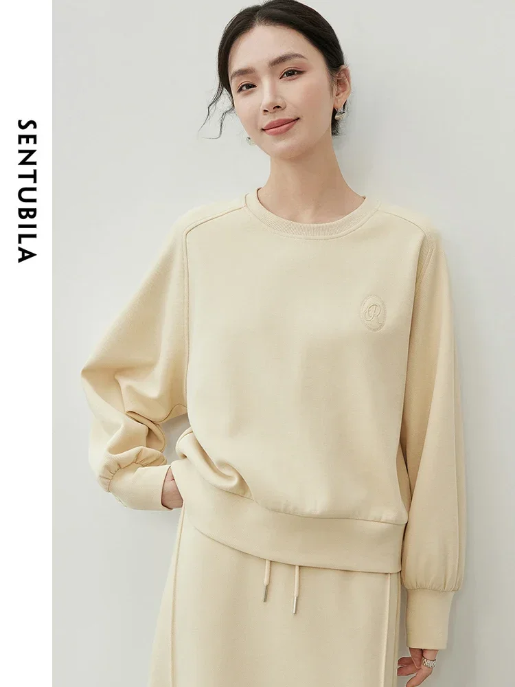 

SENTUBILA Women Cotton Letter Embroidery Sweatshirts 2024 Autumn Casual Knitted O Neck Long Sleeve Pullovers 143A55737