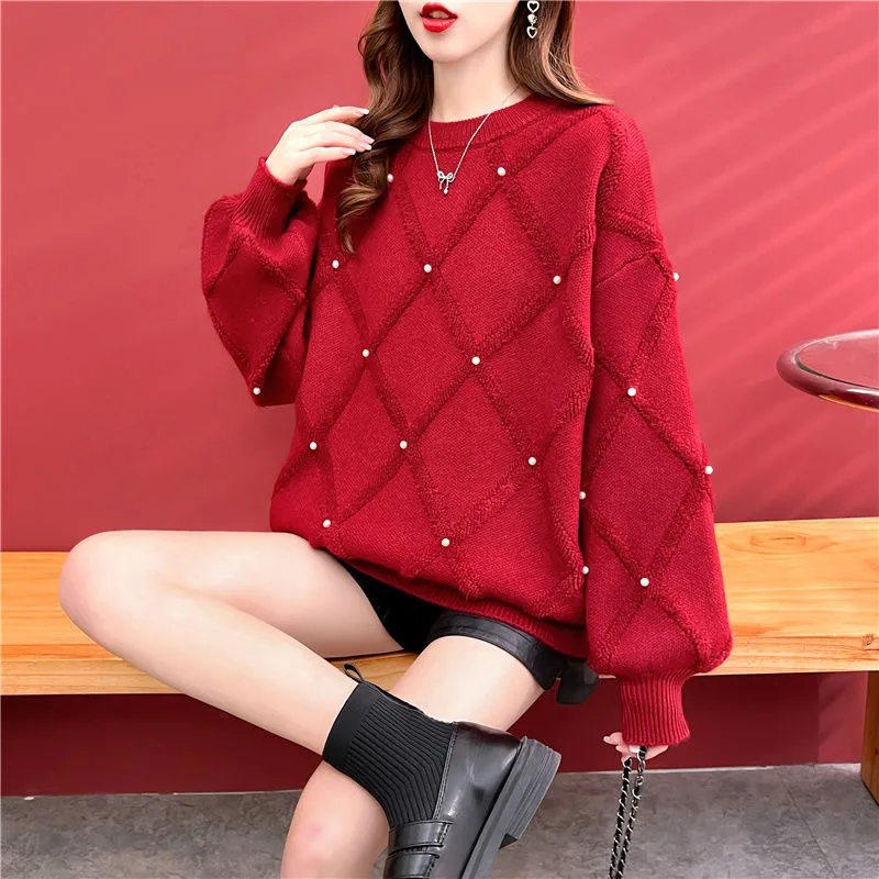 DAYIFUN Winter Autumn Sweater Female Vintage Women O Neck Nailed Bead Ringer Jumpers Loose Long Sleeve Knitted Pullover Top 2023