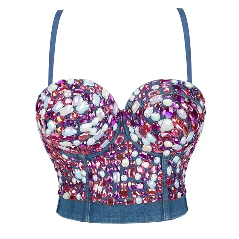 

Womens Glitter Overbust Bustier Bra Sexy Sequins Beaded Strap Push Up Corset Camisole Rave Sling Vest