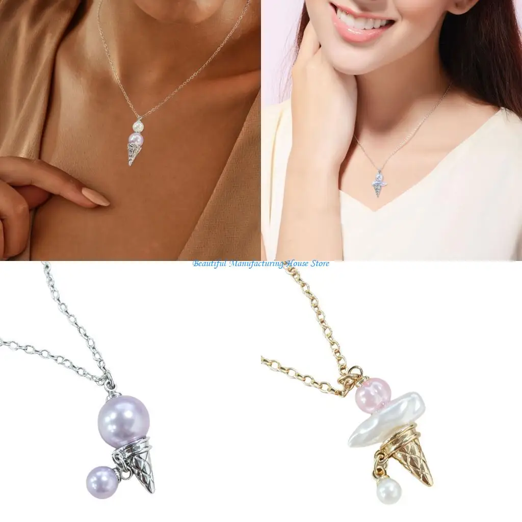 

E56A Trendy Pearls Accent Ice Cream Shaped Necklace Suitable for Date Night Parties Event Fashion Jewelry Women Gift