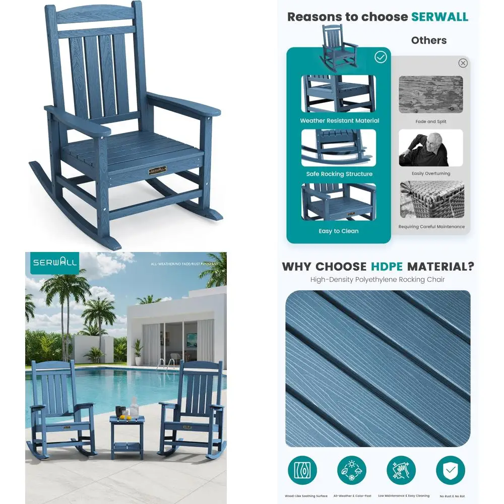 All-Weather HDPE Outdoor Rocking Chair for Balcony, Yard, Patio - Durable Porch Rocker in Blue