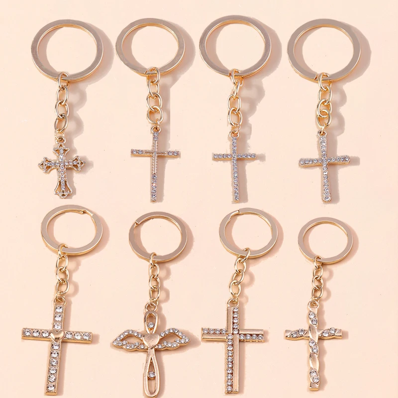 Crystal Cross Keychain for Women Men Jesus Key Ring Religious Beliefs Key Chains Gift Handbag Pendant DIY Jewelry Accessories