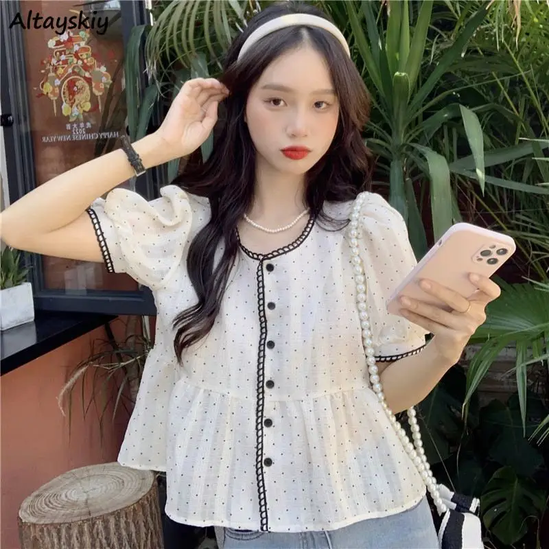 Shirts Women Sweet College Retro French Style Ulzzang Kawaii Ins All-match Летние Рубашка Женская Tender Daily Basic Design Soft