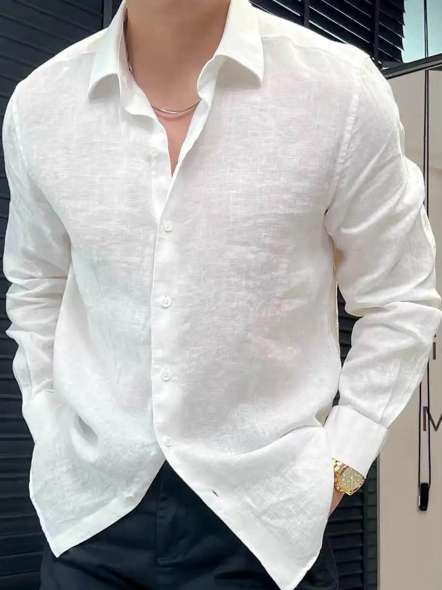 

New Spring Summer Men's Linen Long Sleeve Shirt Loose Fit Color Sun Protection Fashionable Citywalk Inner Wear Neck