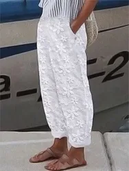 2025 Casual Women Trousers Fashion Floral Solid Cotton Pants For Women Spring Summer Fashion Daily Black White Side Pocket Pants