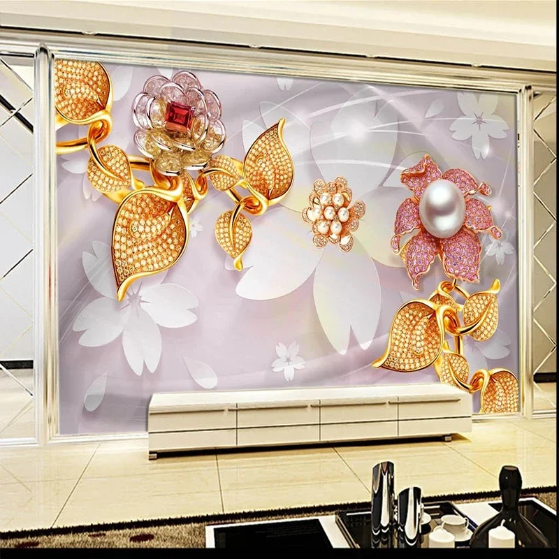 Custom 3D Mural Wallpaper European Style Gold Jewelry Flower TV Background For Bedroom Walls Papel De Parede Home Décor Tapety