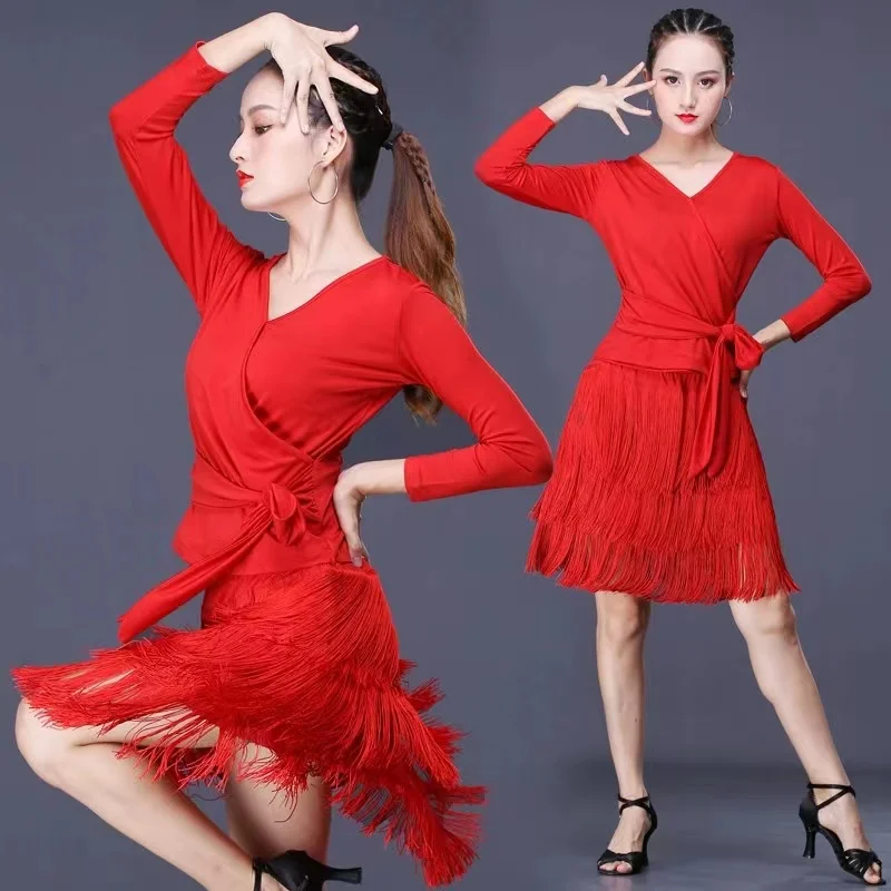 New Women Dresses Tassel Dance Skirt Latin Dancing Long Sleeve Dress Latina Black Sexy Girls Adult Costume Rumba Modern dance