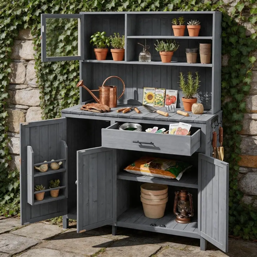 

65 High Solid Wood Outdoor Garden Workbench with Storage, Adjustable Shelves, Spice Rack & Side Hooks