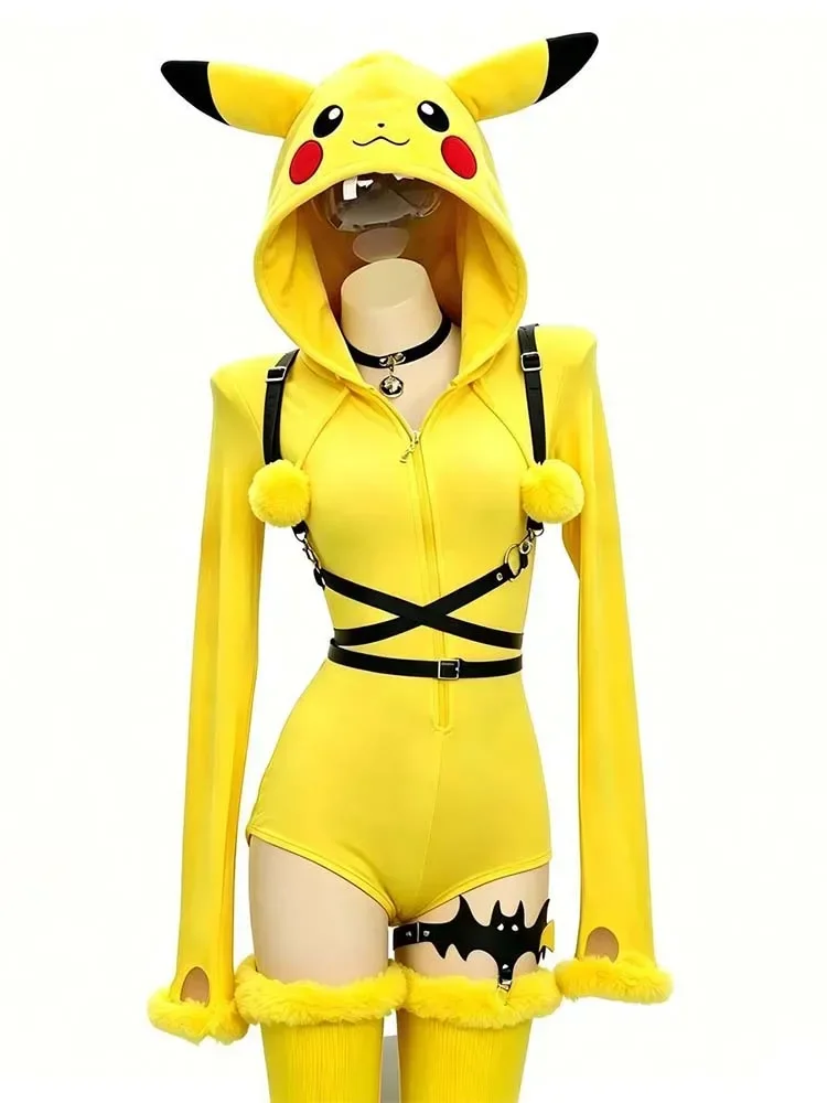 Anime Pikachu Cosplay Kostüm Damen Sexy Kapuzen-Bodysuit mit Schwanzsocken Anzug Mädchen Cartoon Plüsch Jumpsuit Uniform Halloween Geschenk