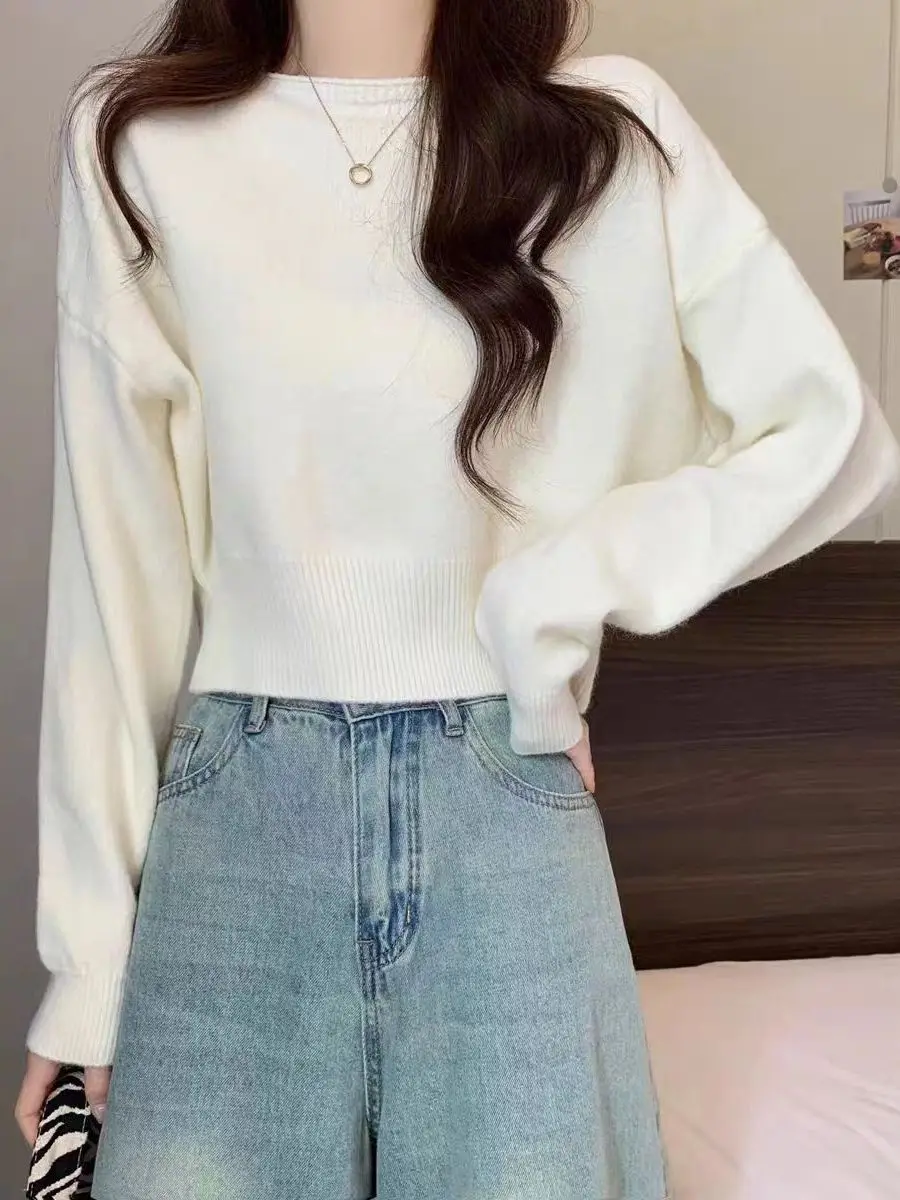 

Женский orth круглый пуловер Ne, вязаный свитер, свободный длинный светящийся цвет, основа, осень-зима, новый Sle, чистый цвет...