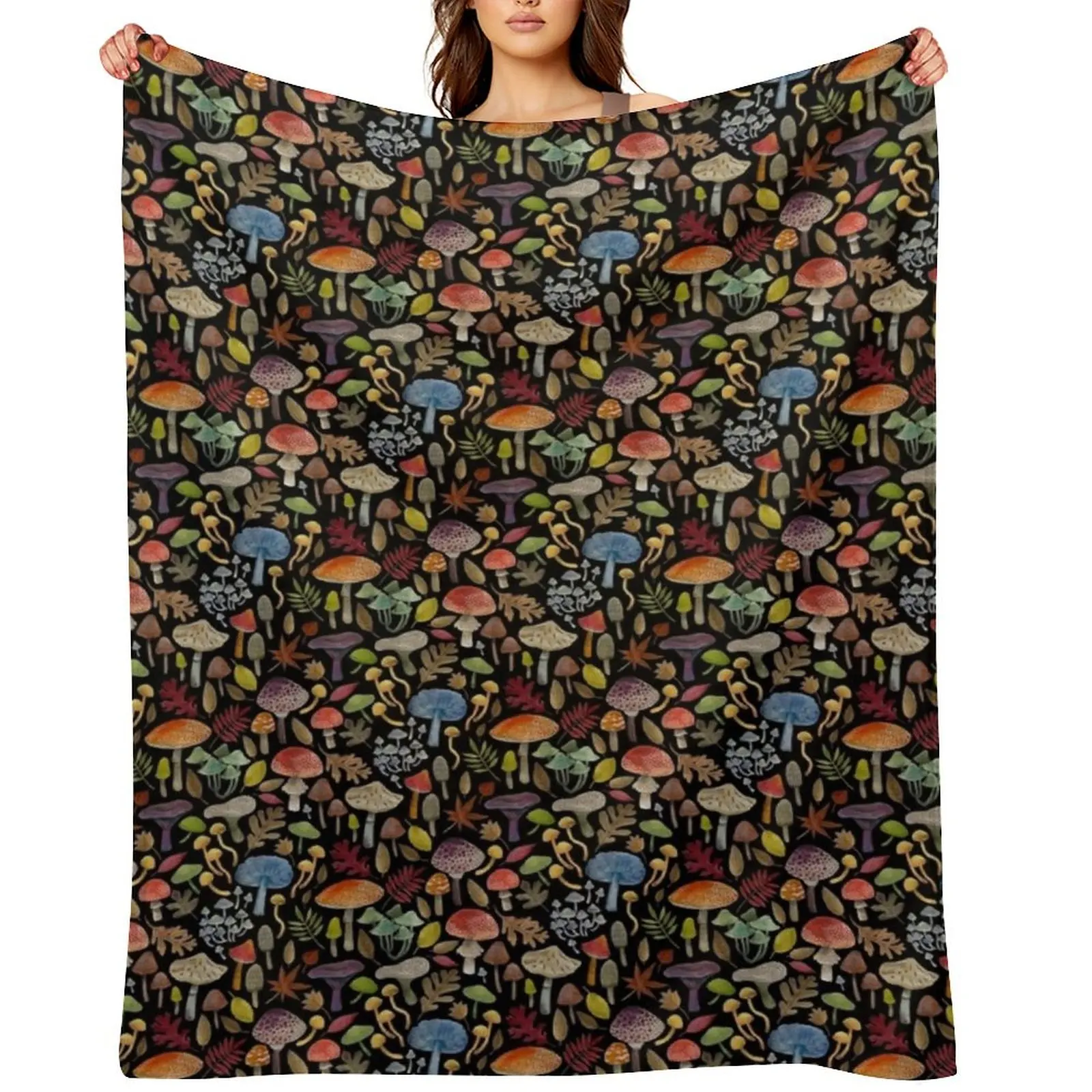 

Watercolour Toadstools on black - small scale - Autumnal pattern by Cecca Designs Throw Blanket Luxury Flannel Blankets