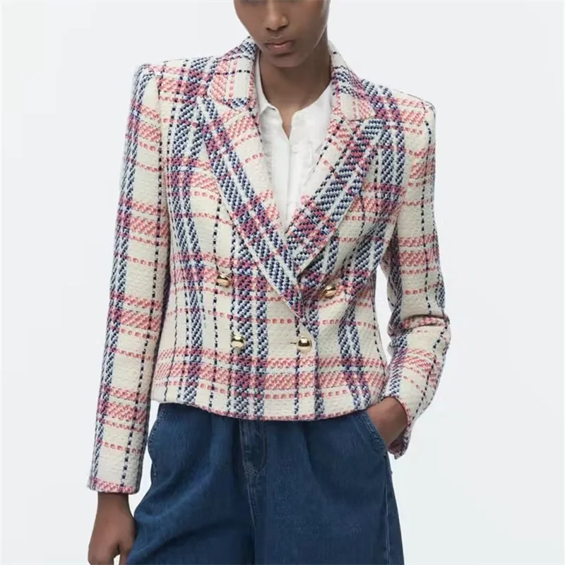 Women's New Woolen Texture Double Breasted Slim Fit Plaid Front Shoulder Suit Jacket