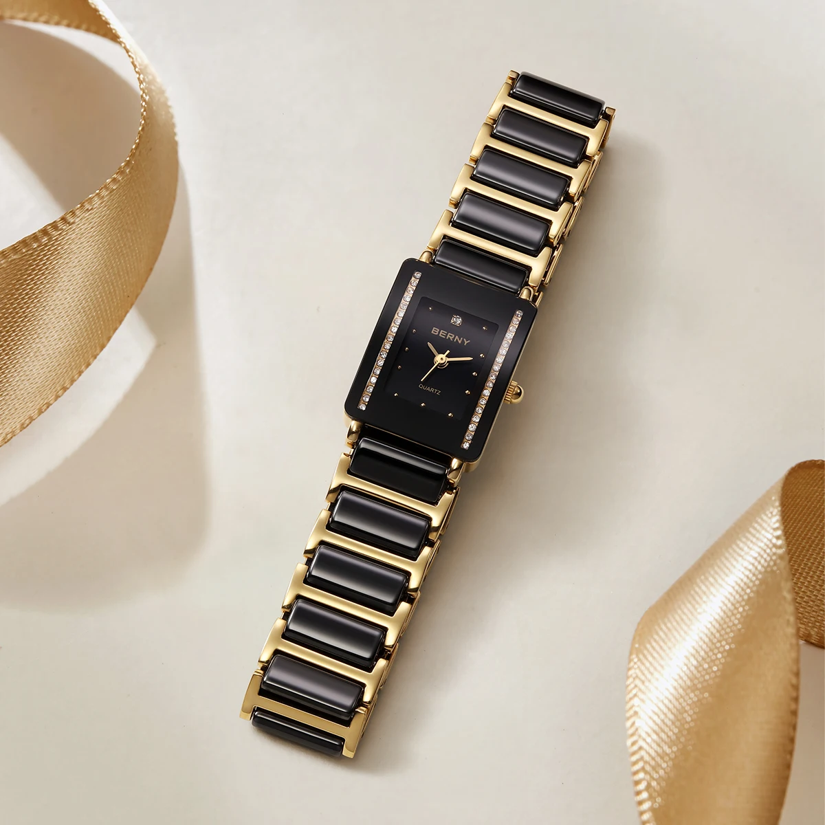 BERNY Ceramica Orologio da donna al quarzo Moda Rettangolo Orologio da polso da uomo/donna Bracciale di lusso Diamon Gold Coppia Orologi Orologi da