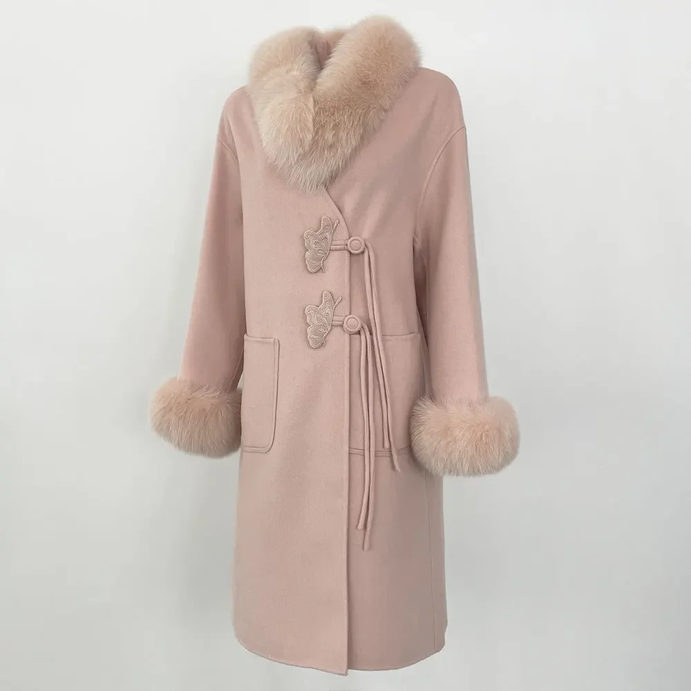 Menina 2024 neue Herbst Winter jacke natürliche echte große Fuchs Pelz kragen lange dicke warme Wolle Mischungen Mantel Frauen Oberbekleidung