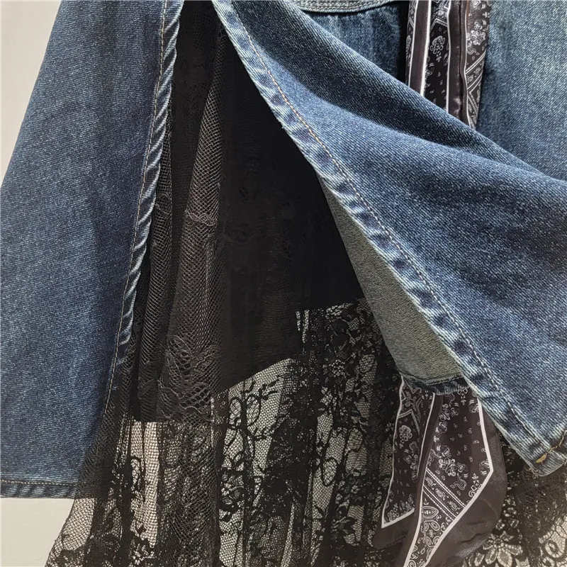 Mulheres saias jeans comprimento médio fishtail saia uma linha fino ajuste botão irregular elegante emenda renda sexy y2k streetwear trabalho 2025